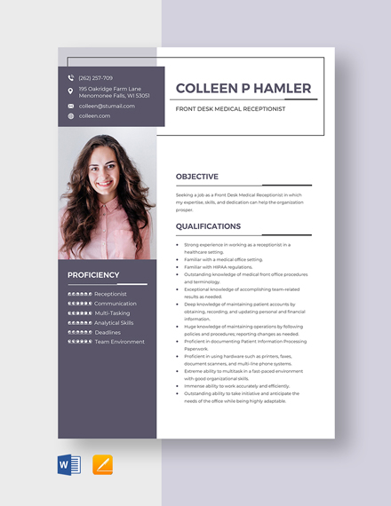 Front Desk Medical Receptionist Resume Template - Word, Apple Pages
