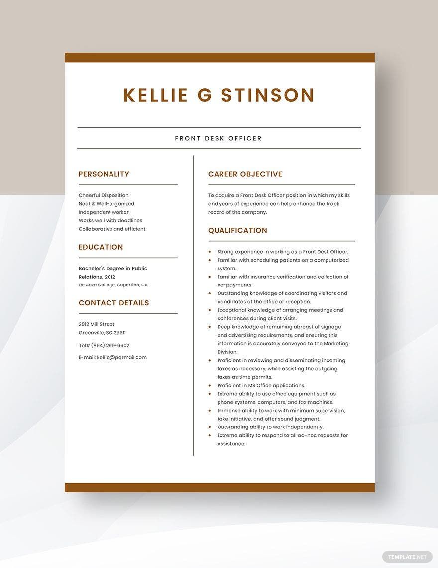 Front Desk Officer Resume in Word, Apple Pages