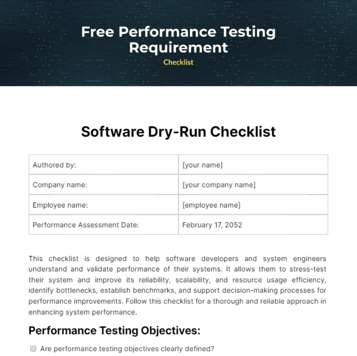 Performance Testing Requirement Checklist Template