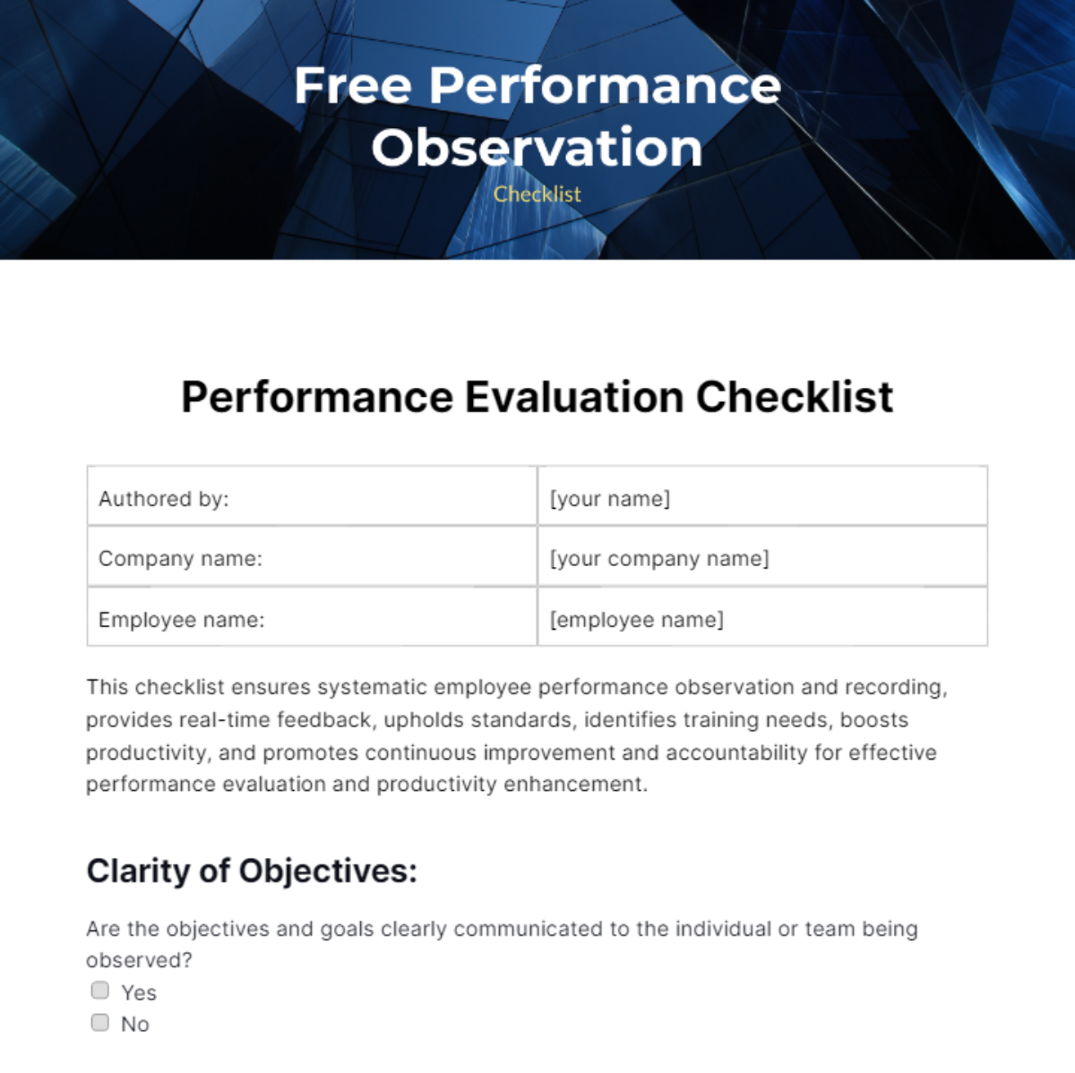 Performance Observation Checklist Template