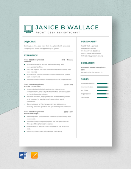 Basic Receptionist Resume Template - Illustrator, InDesign, Word, Apple ...