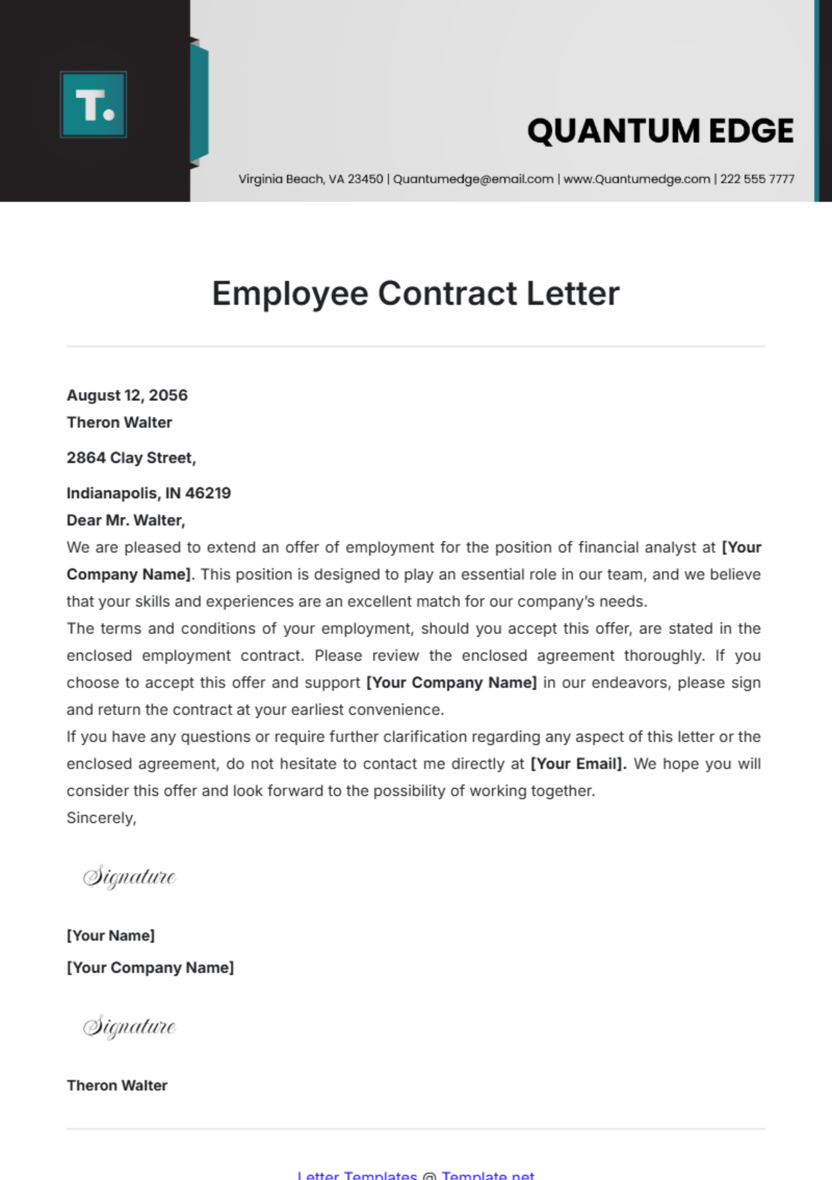 Employee Contract Letter Template - Edit Online & Download