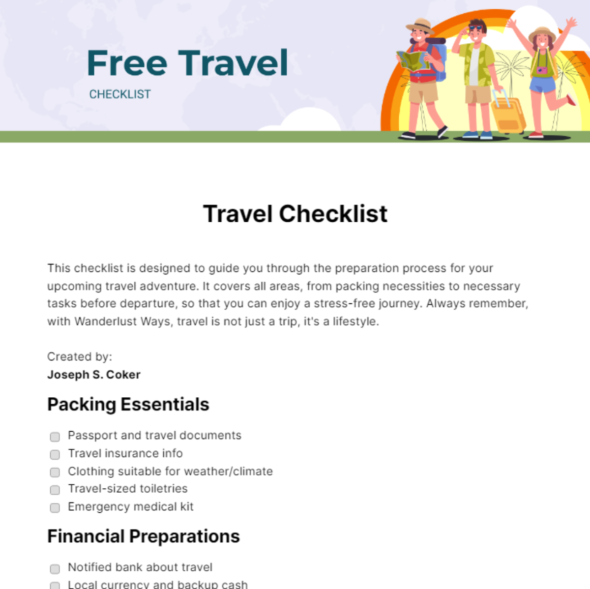 Free Travel Checklist - Edit Online & Download | Template.net