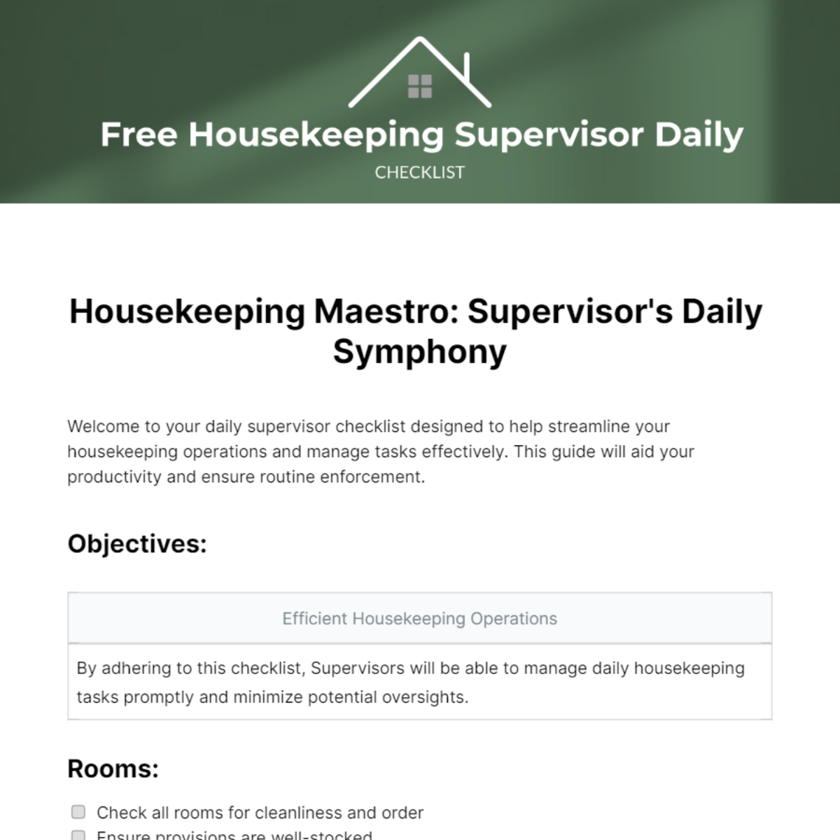 Housekeeping Supervisor Daily Checklist Template
