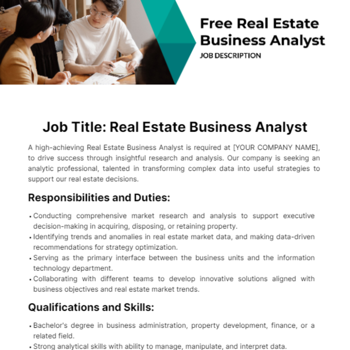 Real Estate Business Analyst Job Description Template