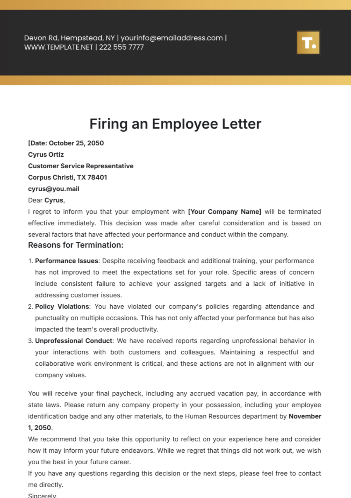 Firing an Employee Letter Template - Edit Online & Download