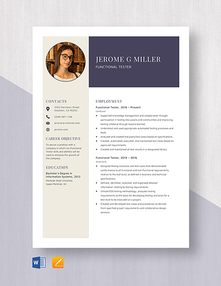 Free Functional Tester Resume Template - Word, Apple Pages