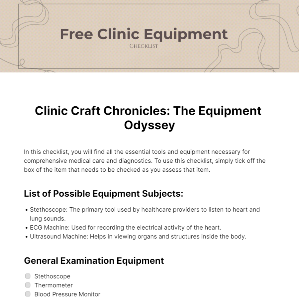 Free Clinic Equipment Checklist Template