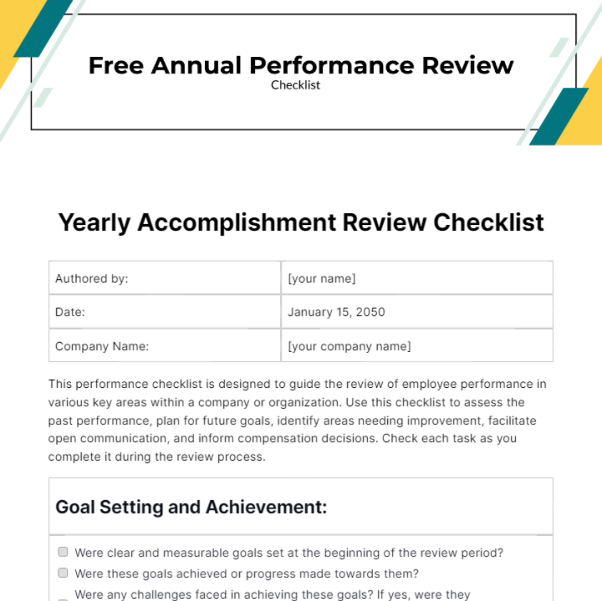 Annual Performance Review Checklist Template