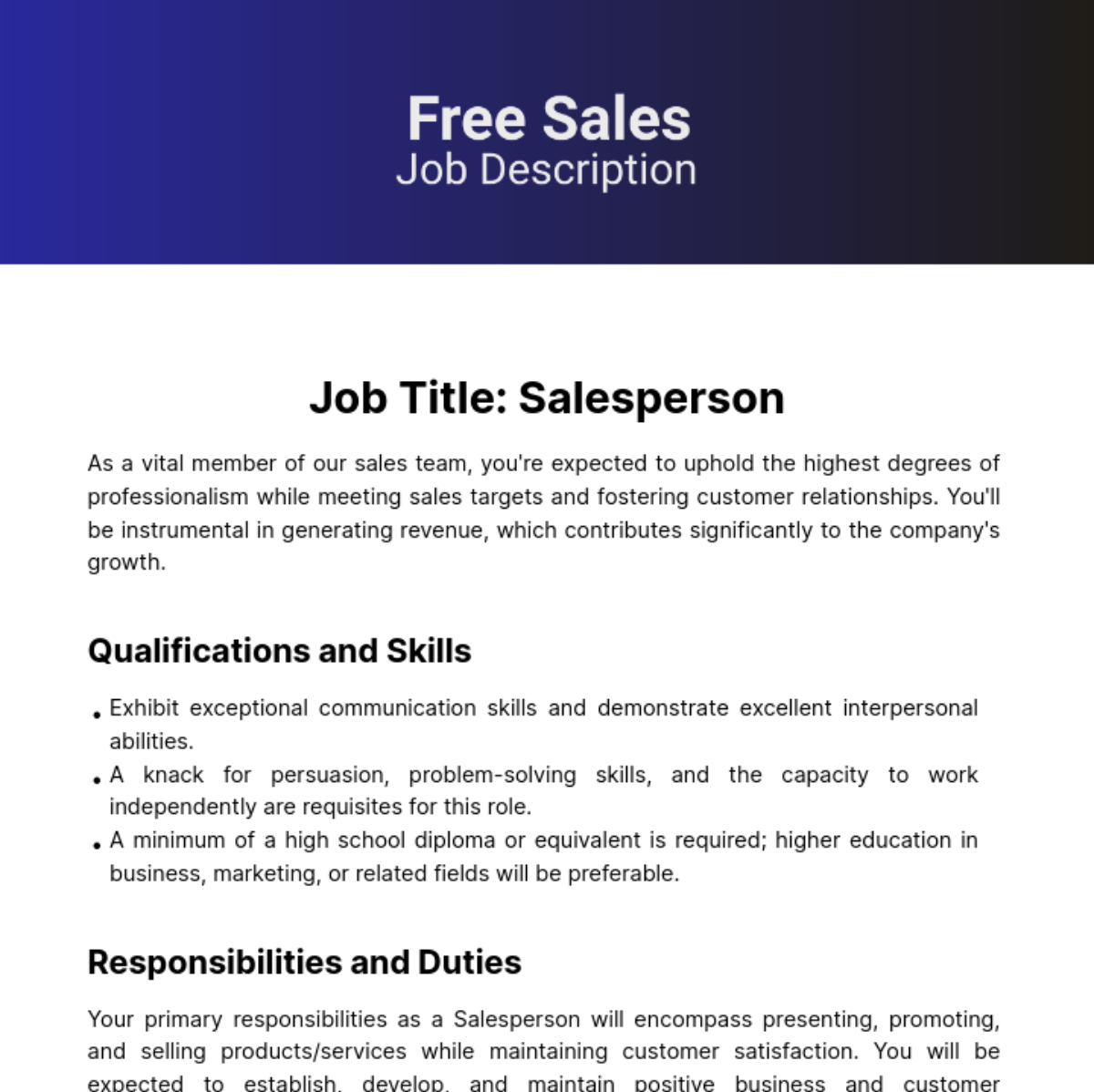 Free Sales Job Description Template