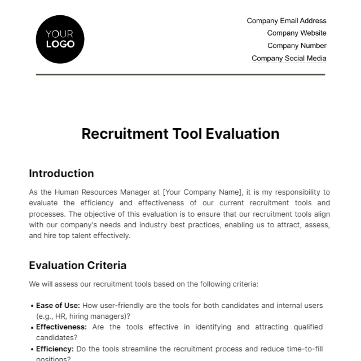 Free Recruitment Tool Evaluation HR Template