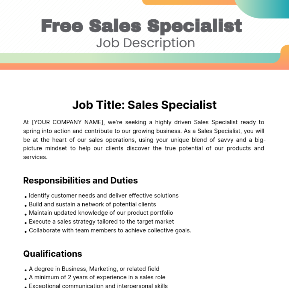 Free Sales Specialist Job Description Template