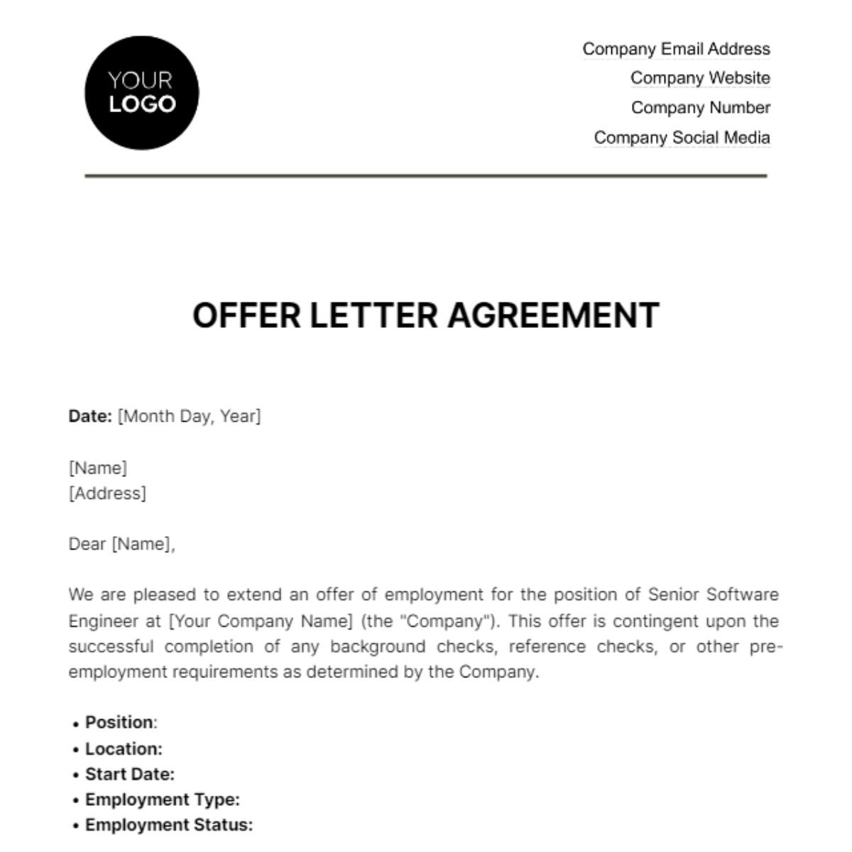 Offer Letter Agreement HR Template