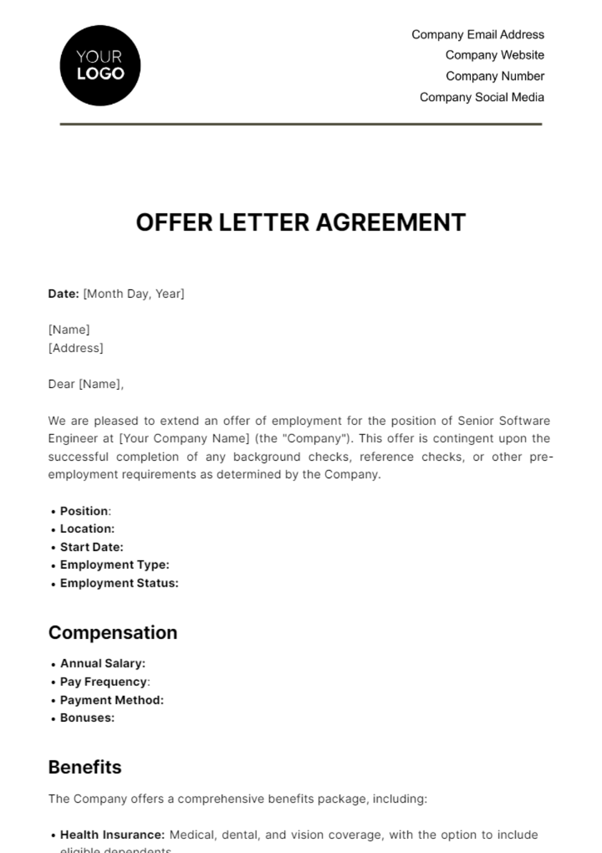 Free Offer Letter Agreement HR Template