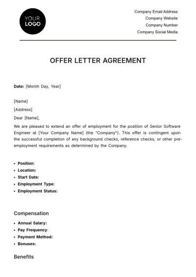 Free Offer Letter Agreement HR Template to Edit Online