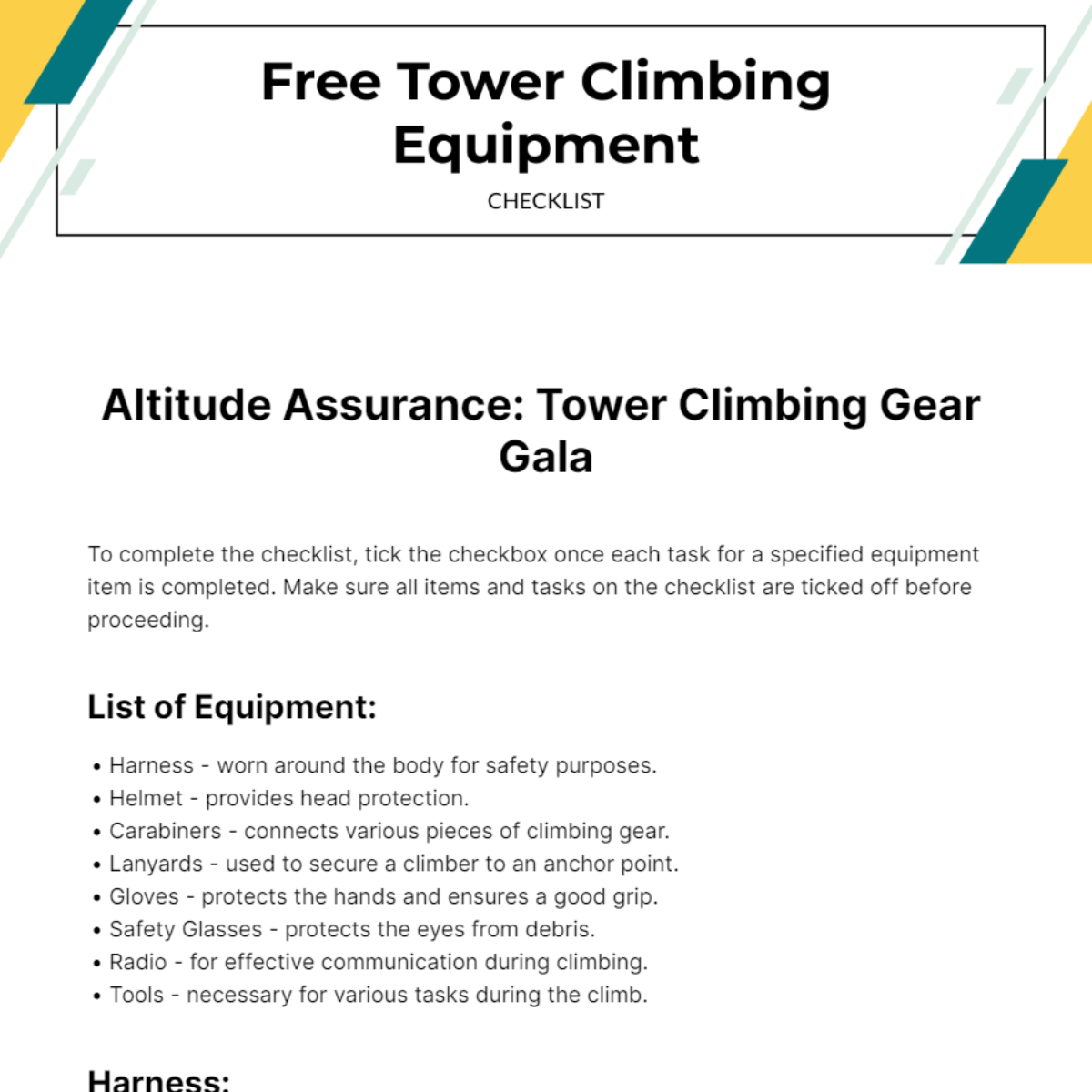 Free Tower Climbing Equipment Checklist Template