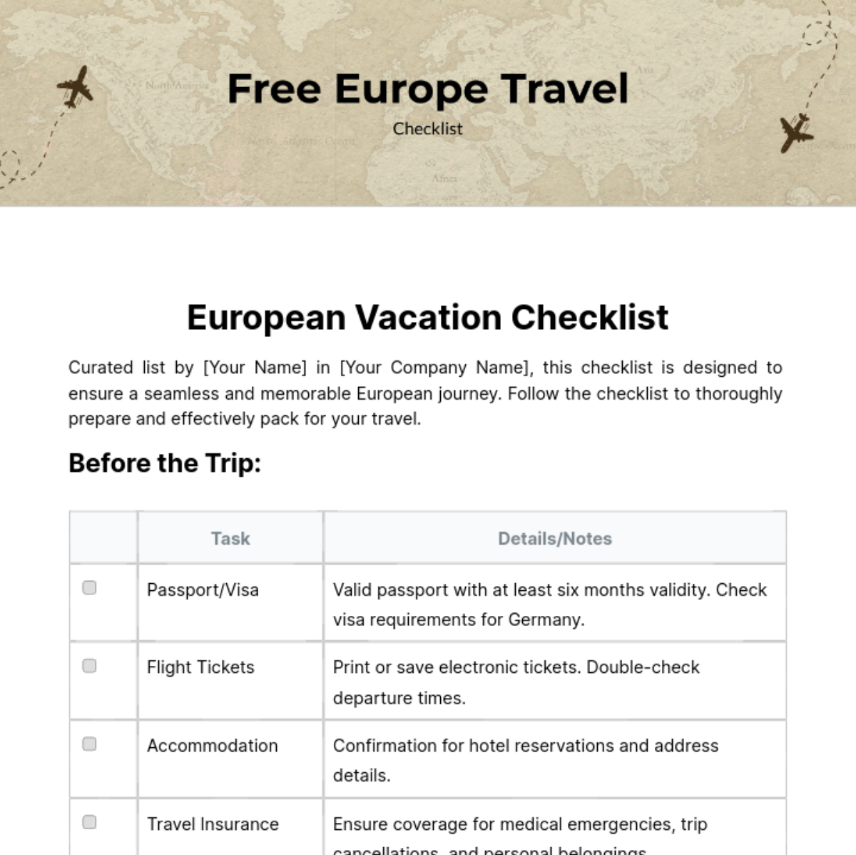 Europe Travel Checklist Template Edit Online Download Example   Europe Travel Checklist Template Edit Online 