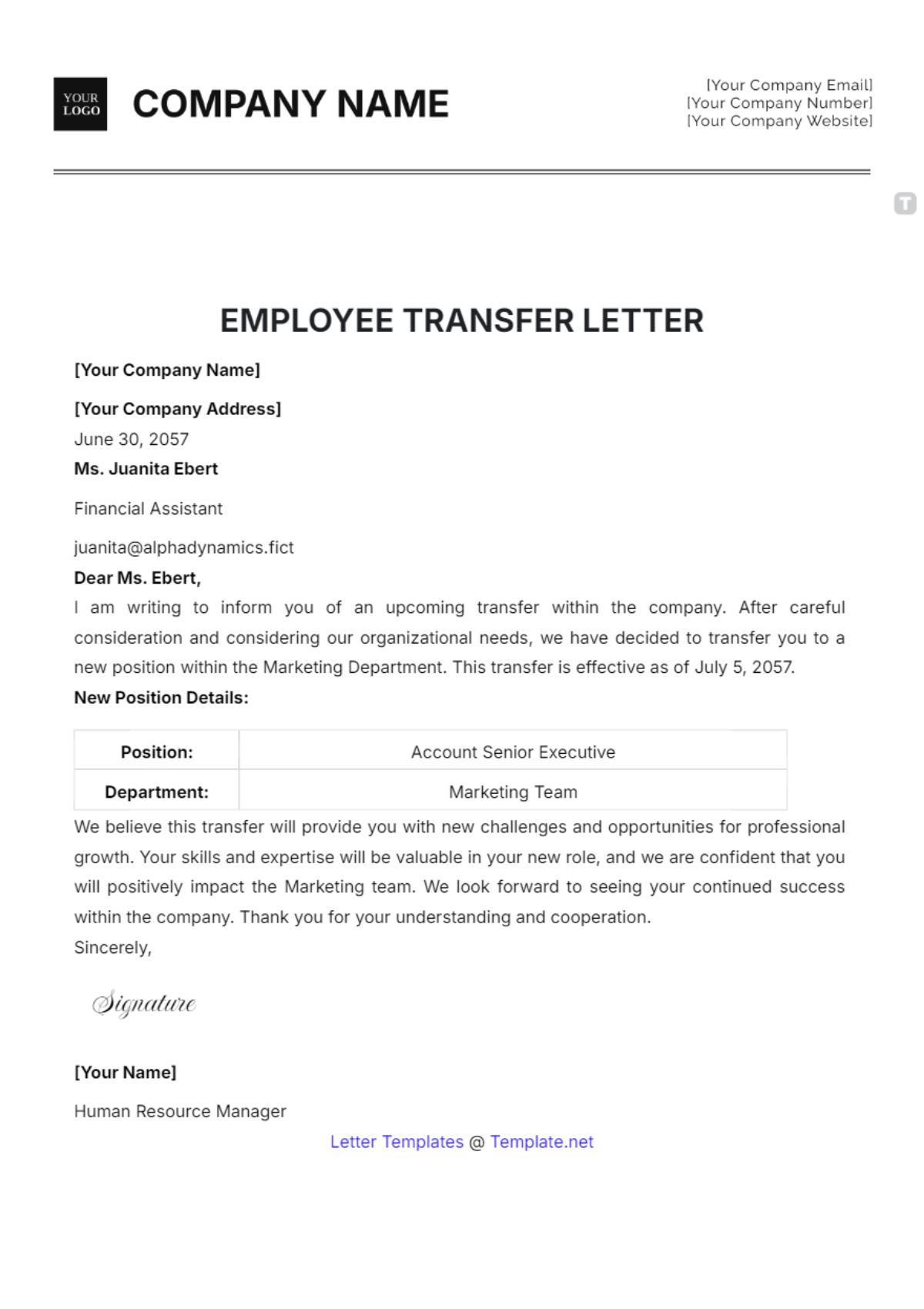 Employee Transfer Letter Template - Edit Online & Download