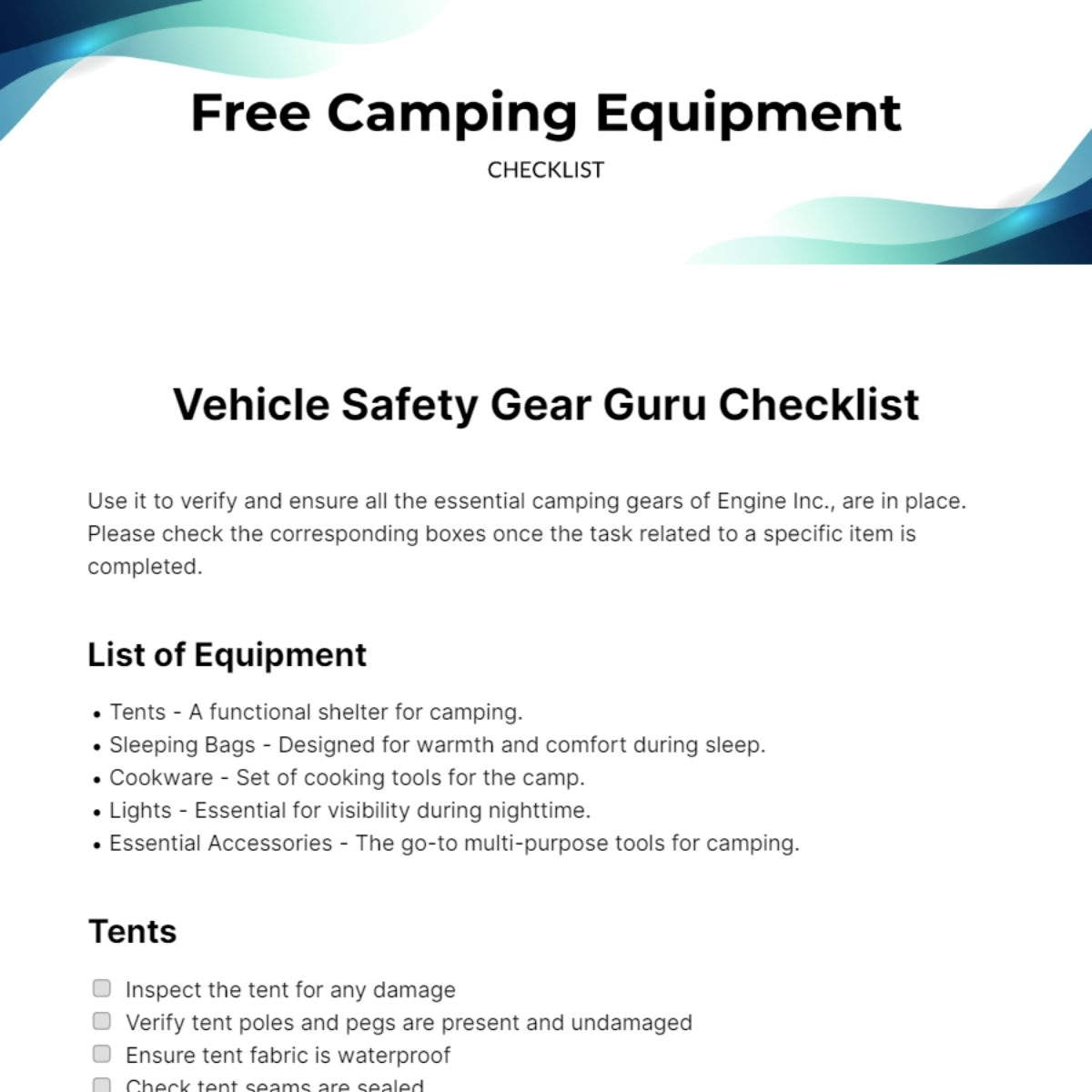 Free Camping Equipment Checklist Template