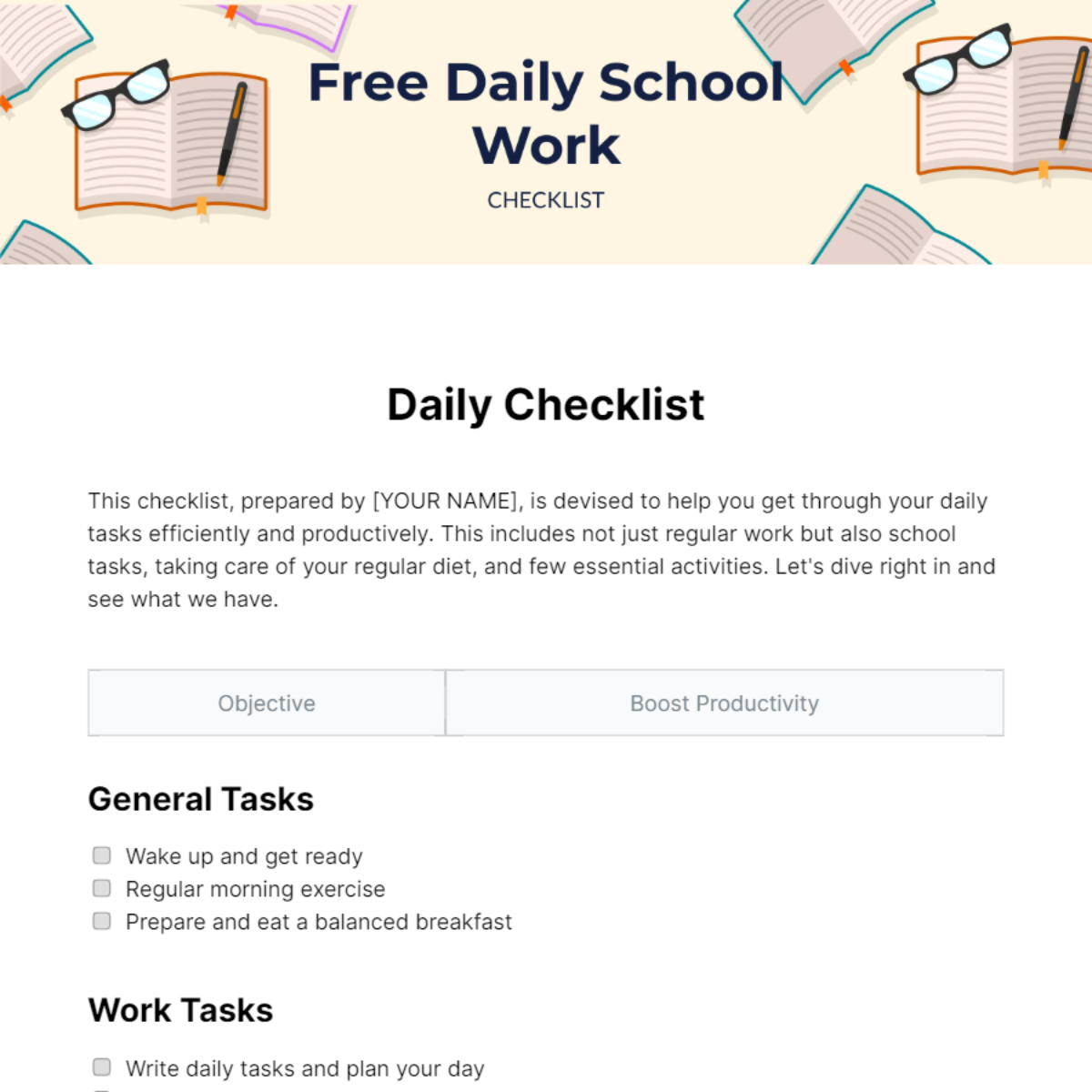 Daily School Work Checklist Template
