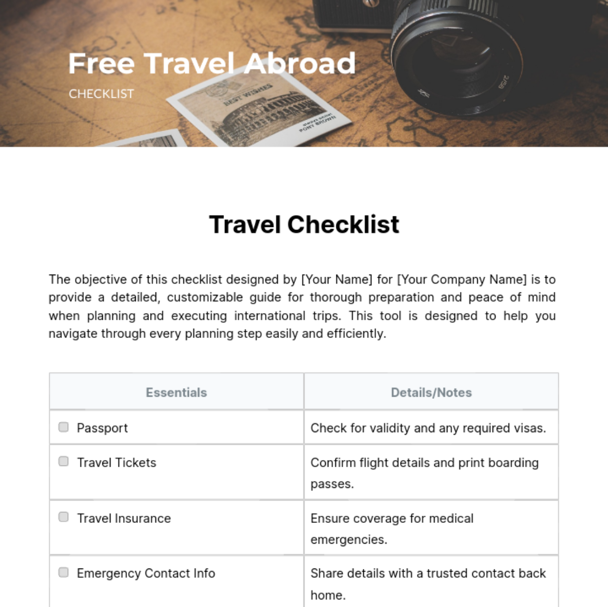 Travel Abroad Checklist Template