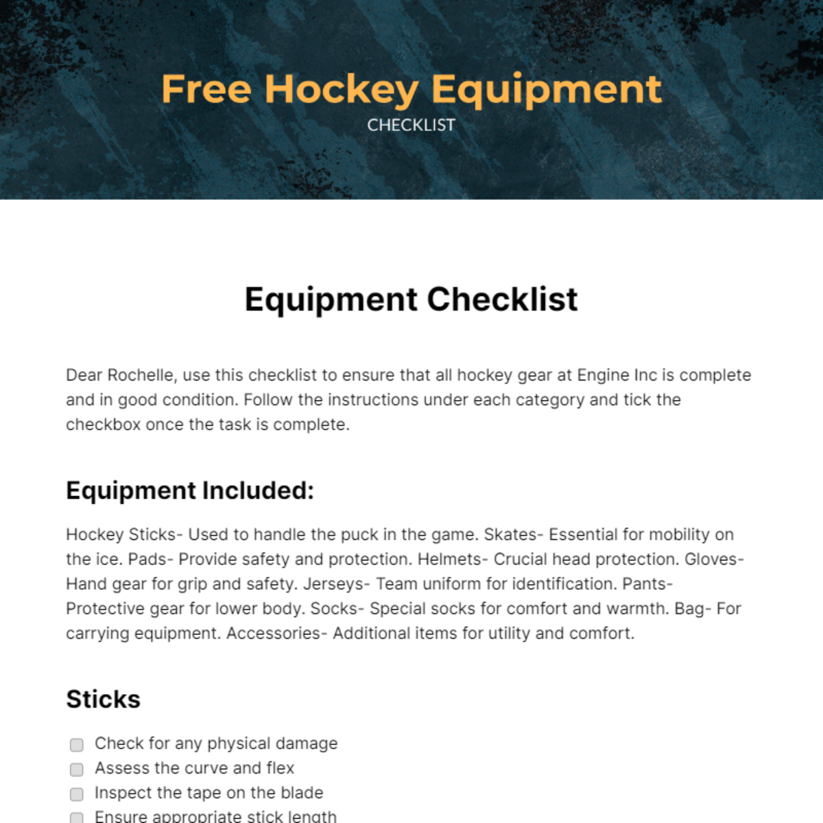 Hockey Equipment Checklist Template