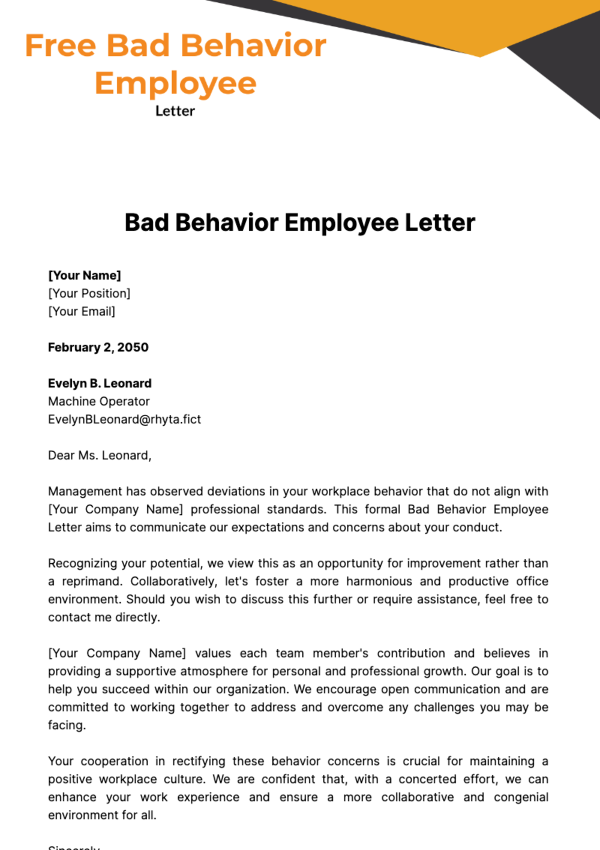 Bad Behavior Employee Letter Template