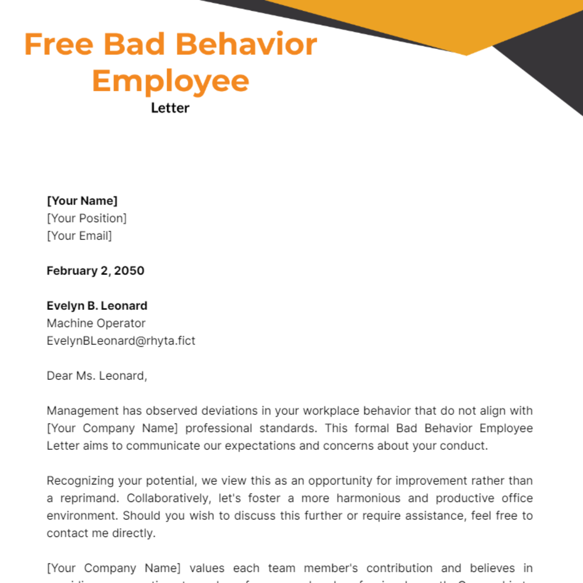 Bad Behavior Employee Letter Template