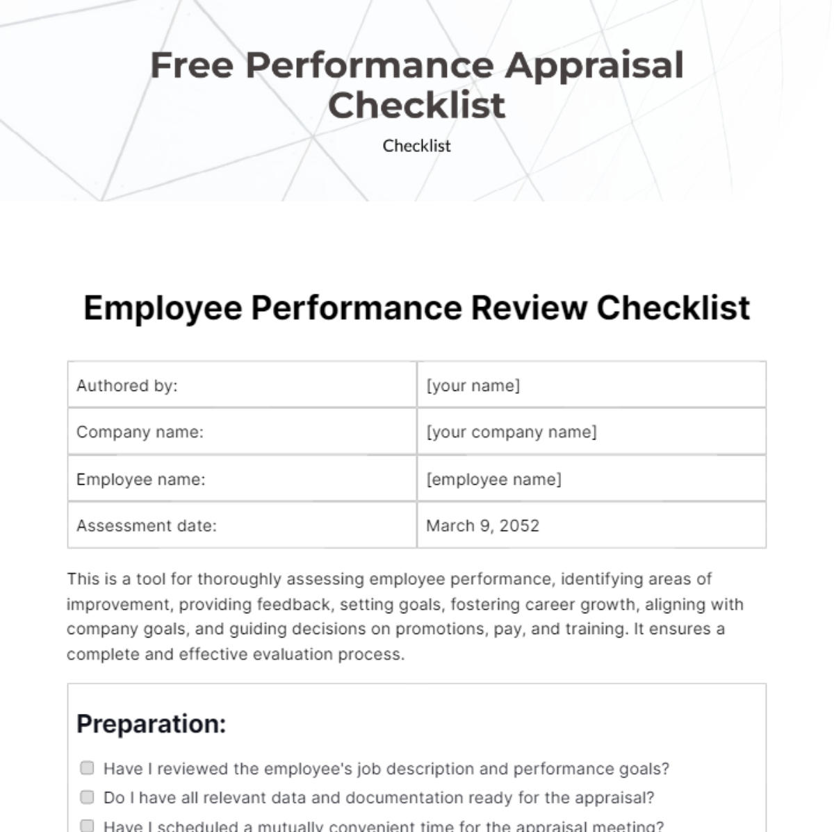 Performance Appraisal Checklist Template