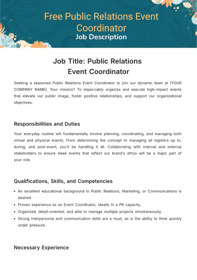 Free Public Relations (PR) Event Coordinator Job Description Template to Edit Online