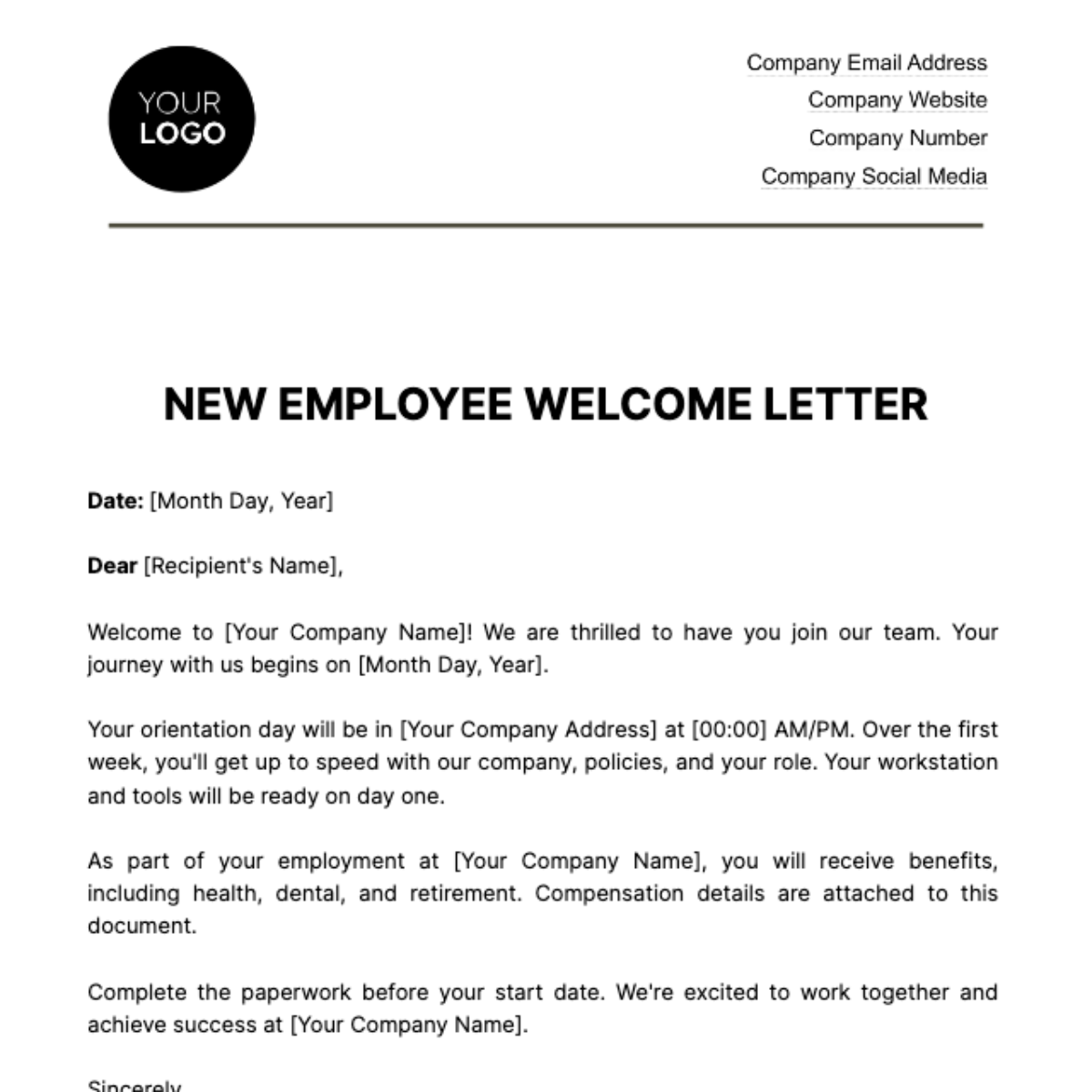 New Employee Welcome Letter HR Template