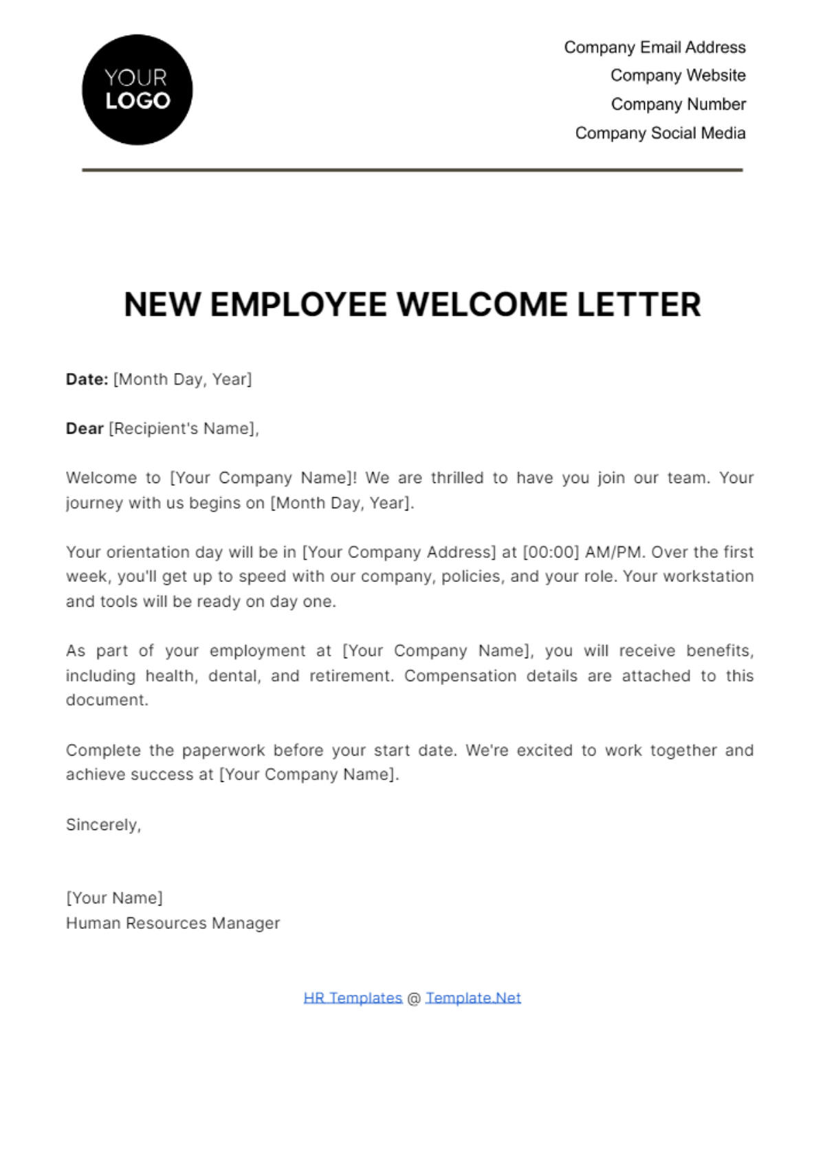 Free New Employee Welcome Letter HR Template