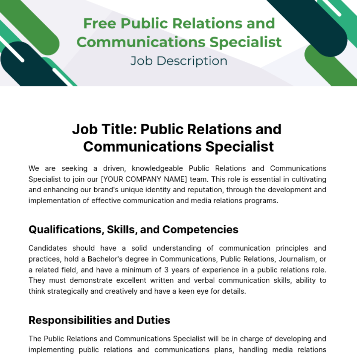 Public Relations (PR) and Communications Specialist Job Description Template