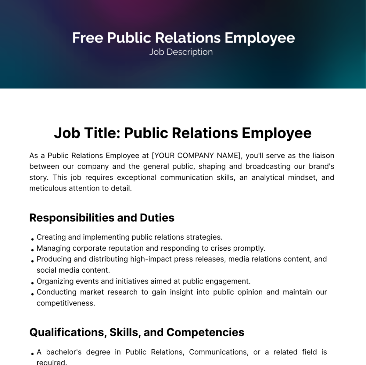 Public Relations (PR) Employee Job Description Template