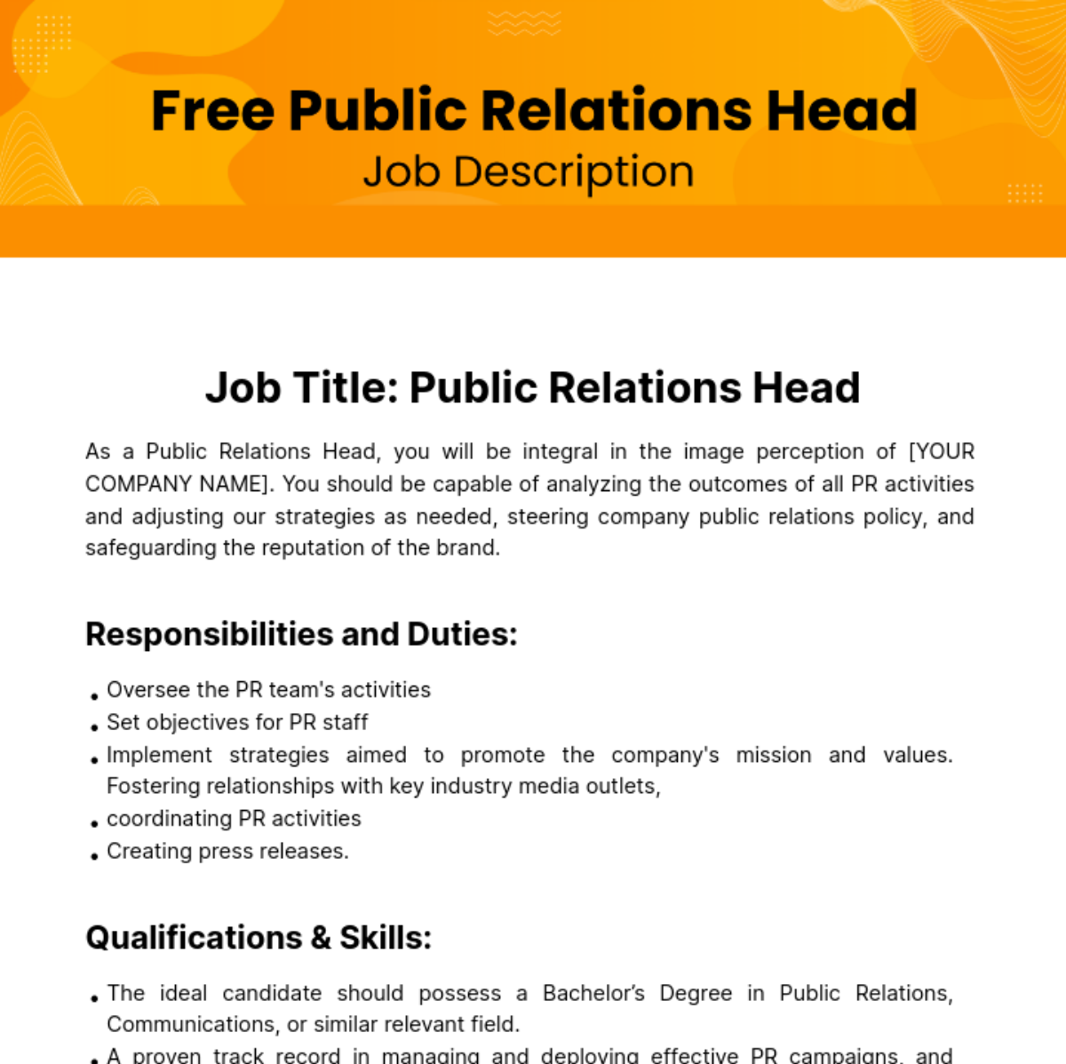 Public Relations (PR) Head Job Description Template