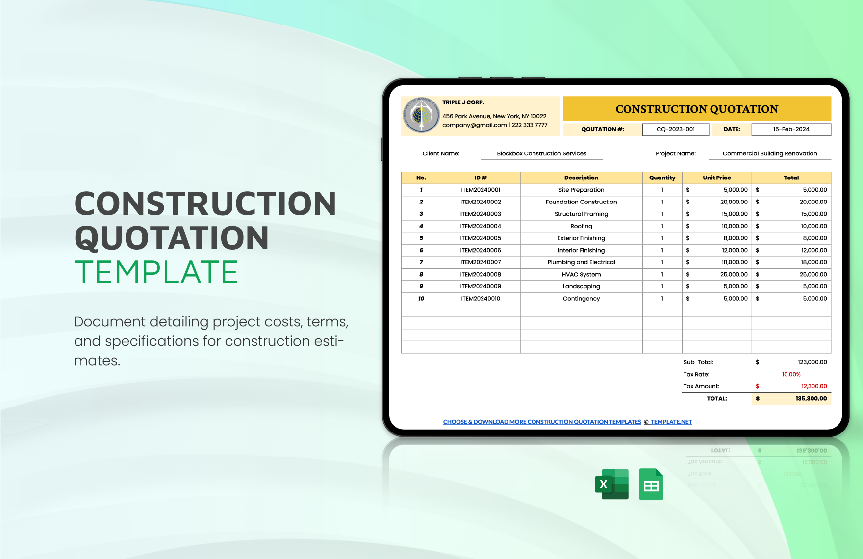 Free Construction Quotation Template in Excel, Google Sheets