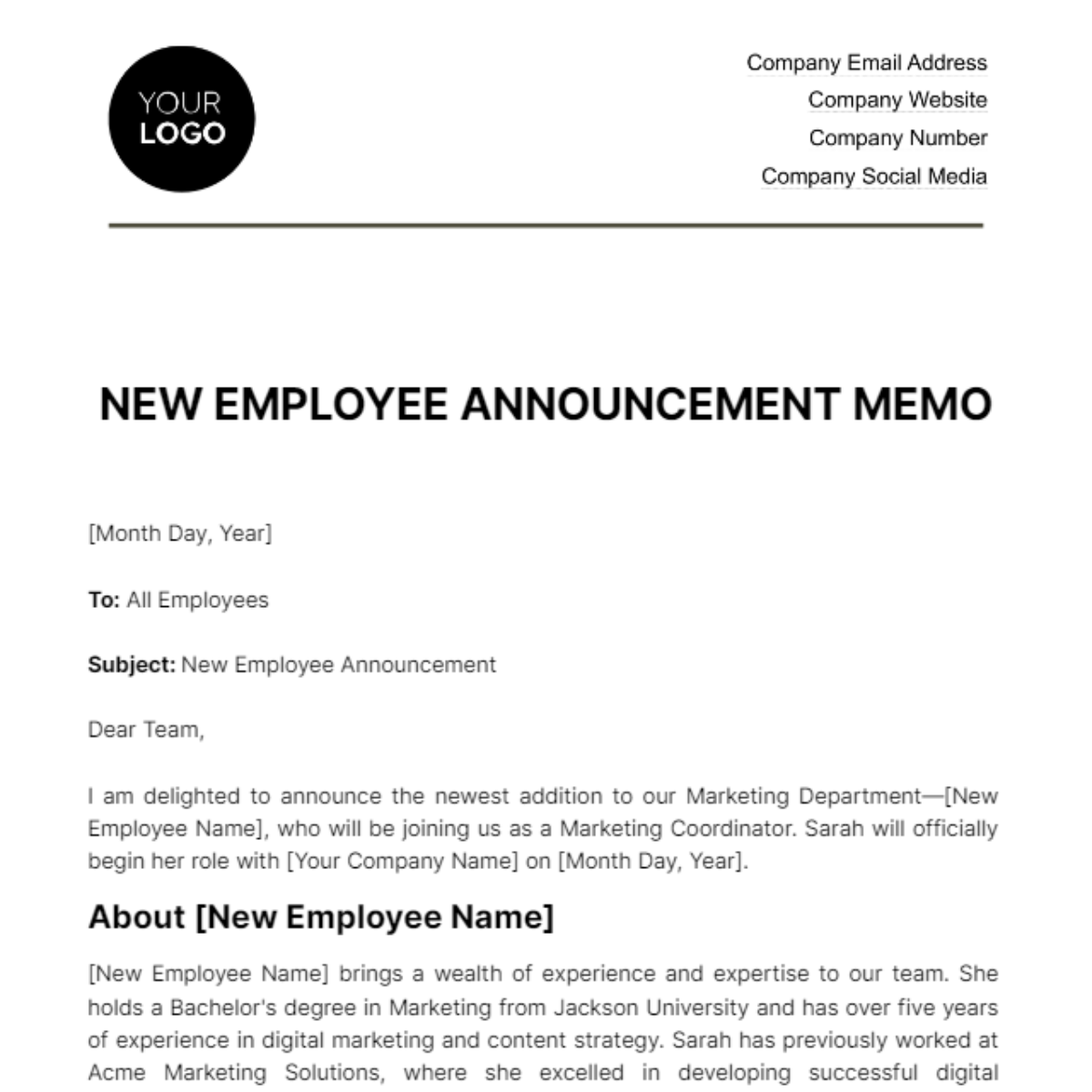New Employee Announcement Memo HR Template