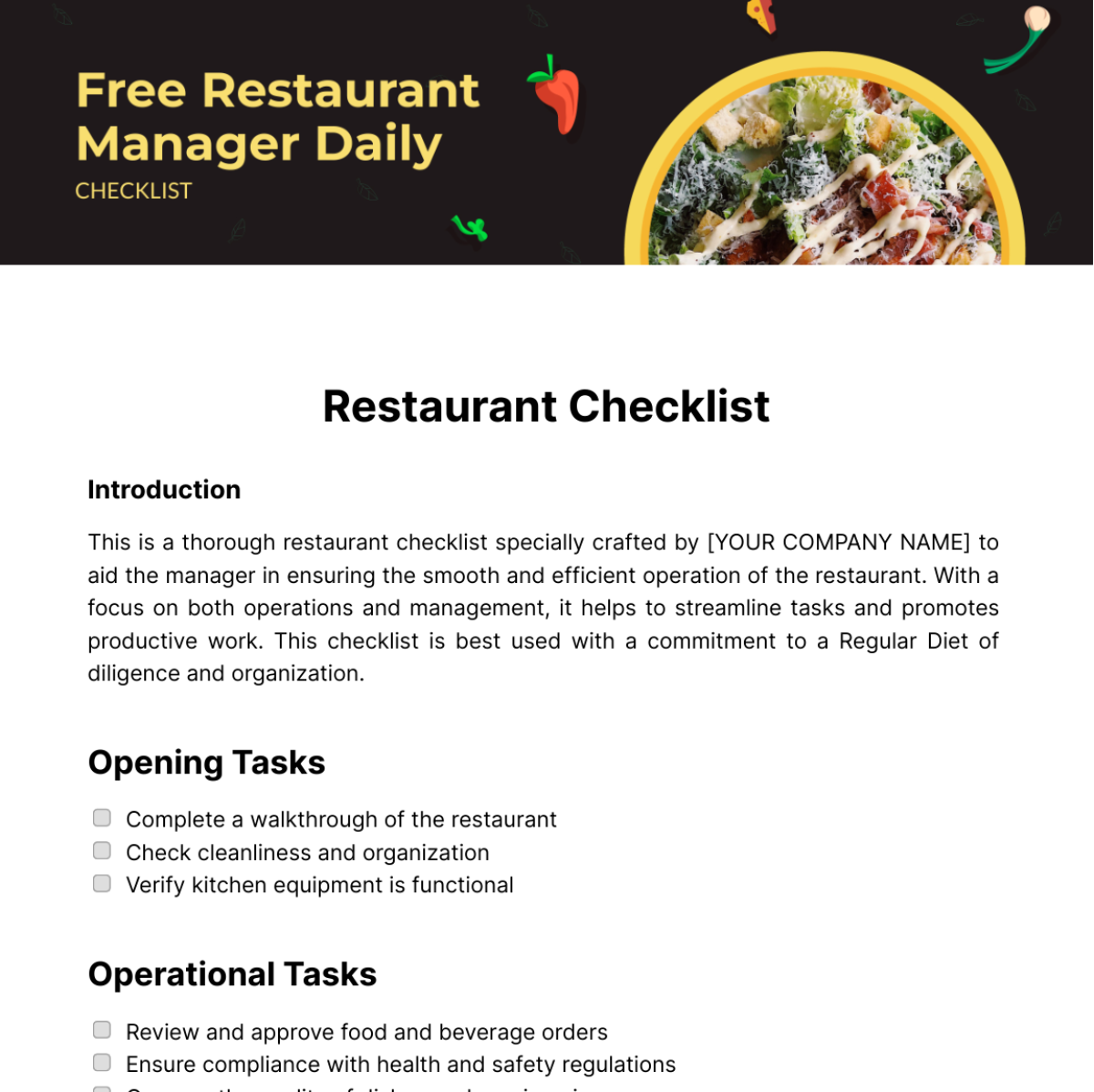 Restaurant Manager Daily Checklist Template
