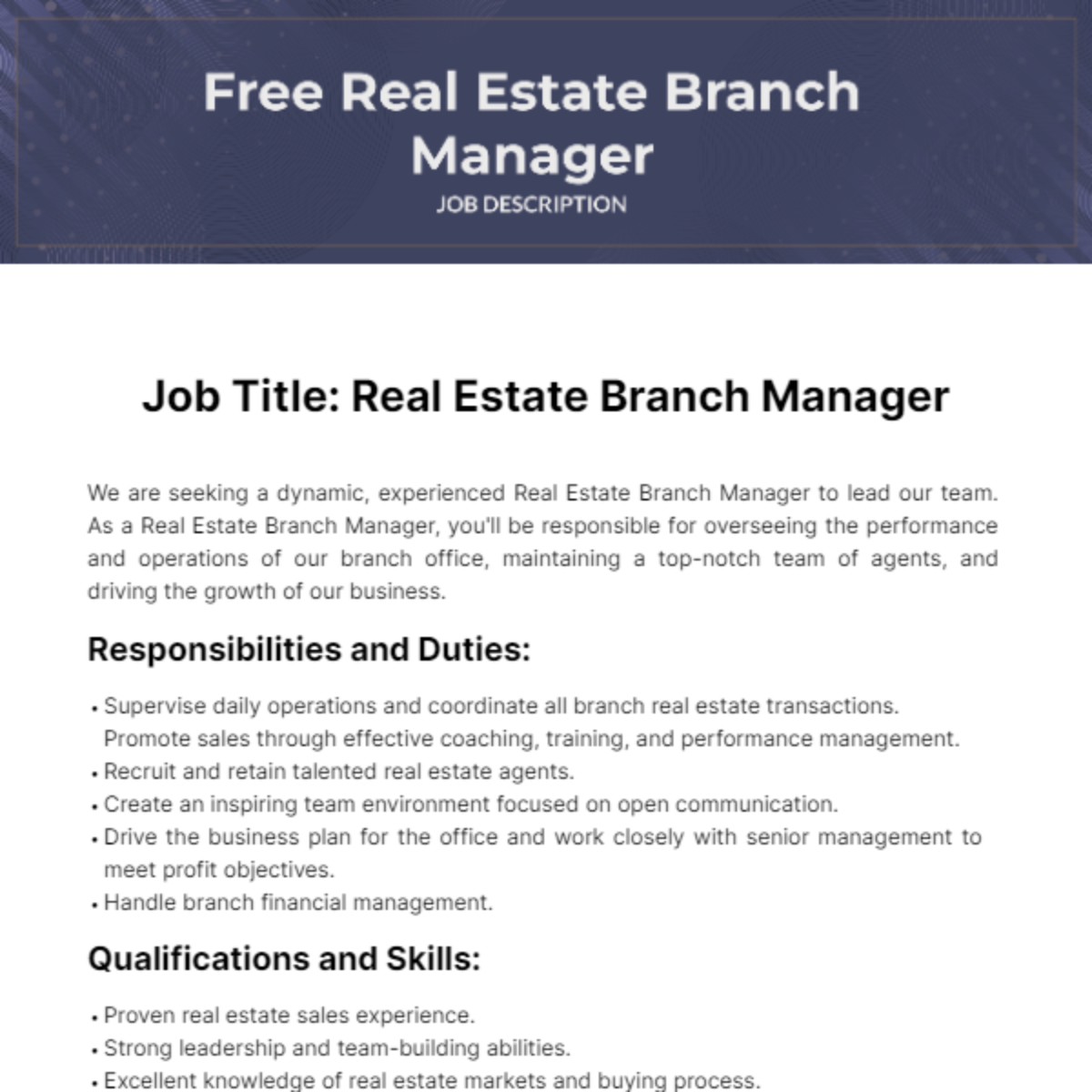 Real Estate Branch Manager Job Description Template