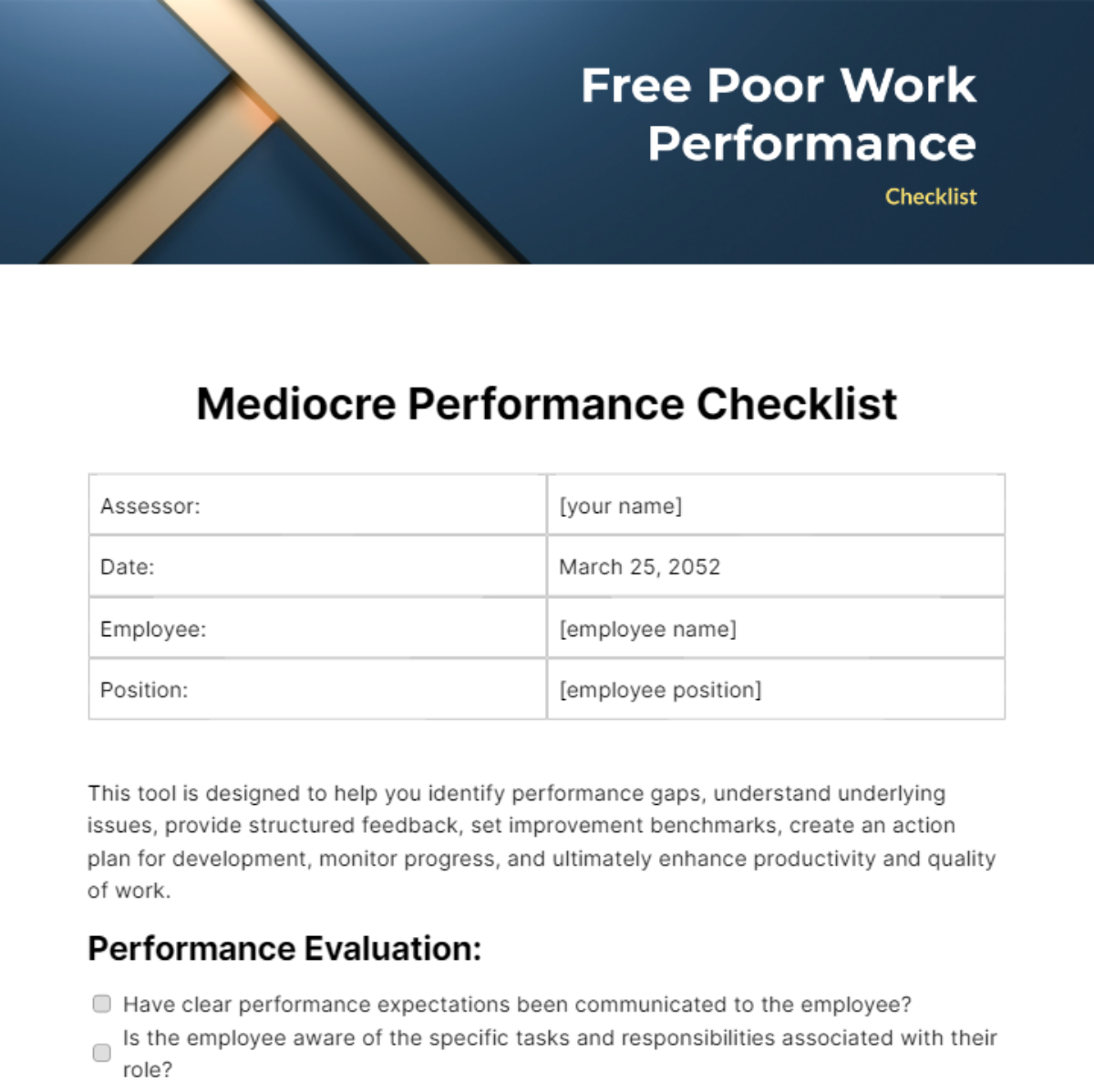Poor Work Performance Checklist Template