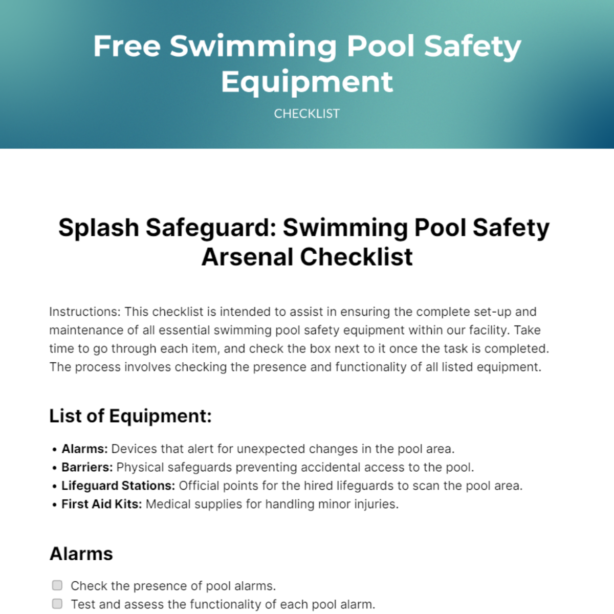 Swimming Pool Safety Equipment Checklist Template