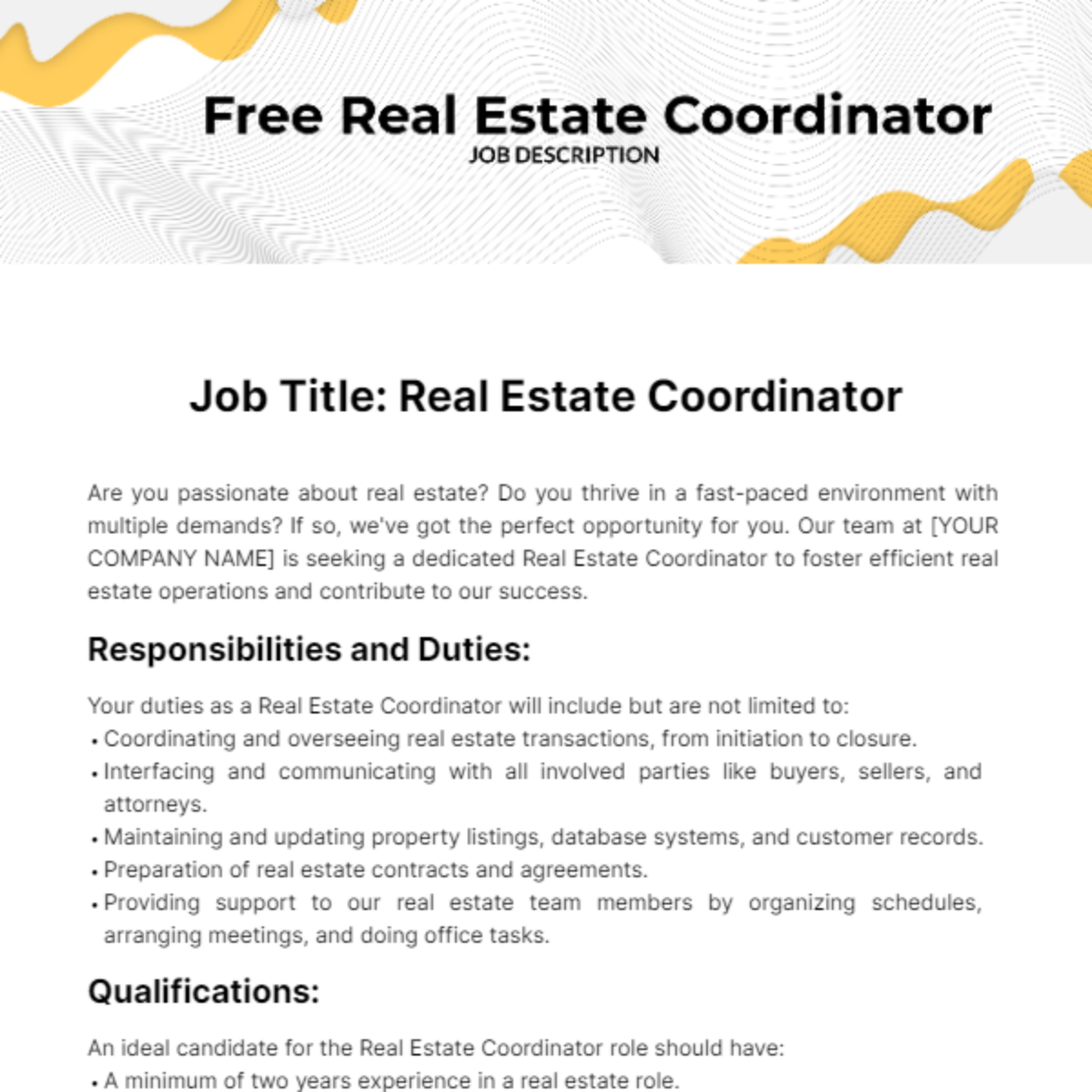 Real Estate Coordinator Job Description Template