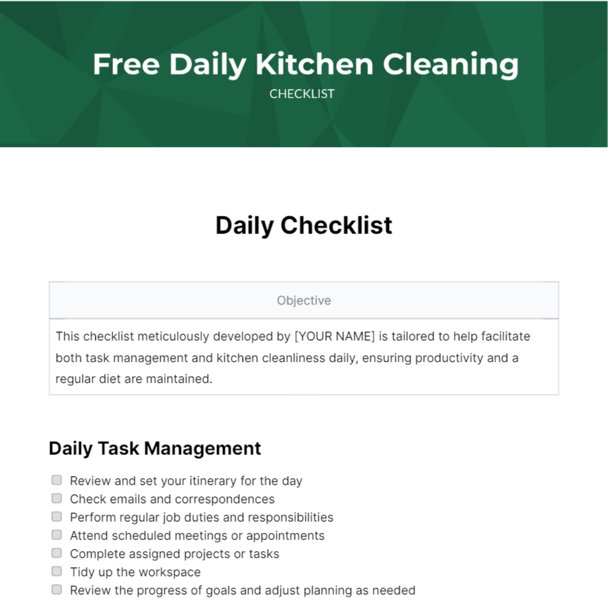 Daily Kitchen Cleaning Checklist Template