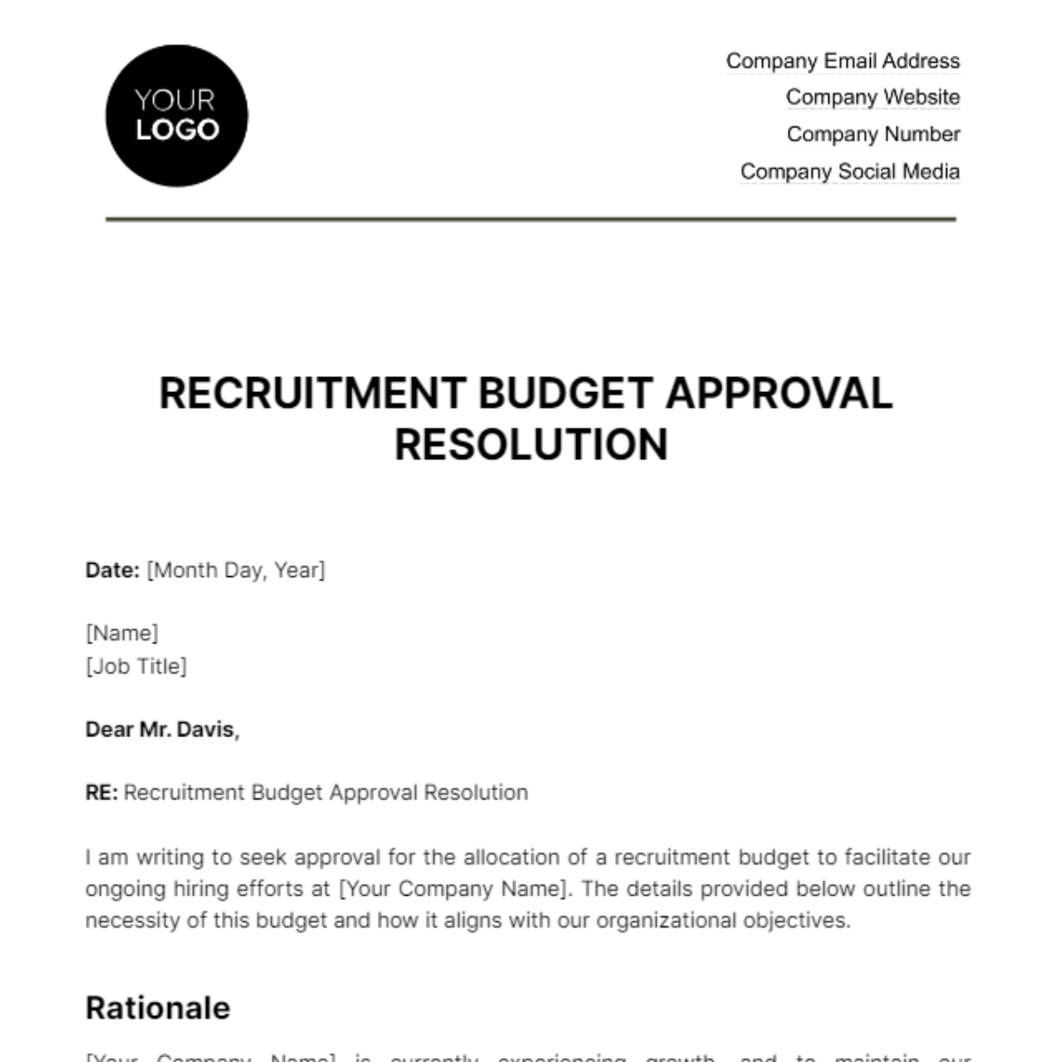 Recruitment Budget Approval Resolution HR Template