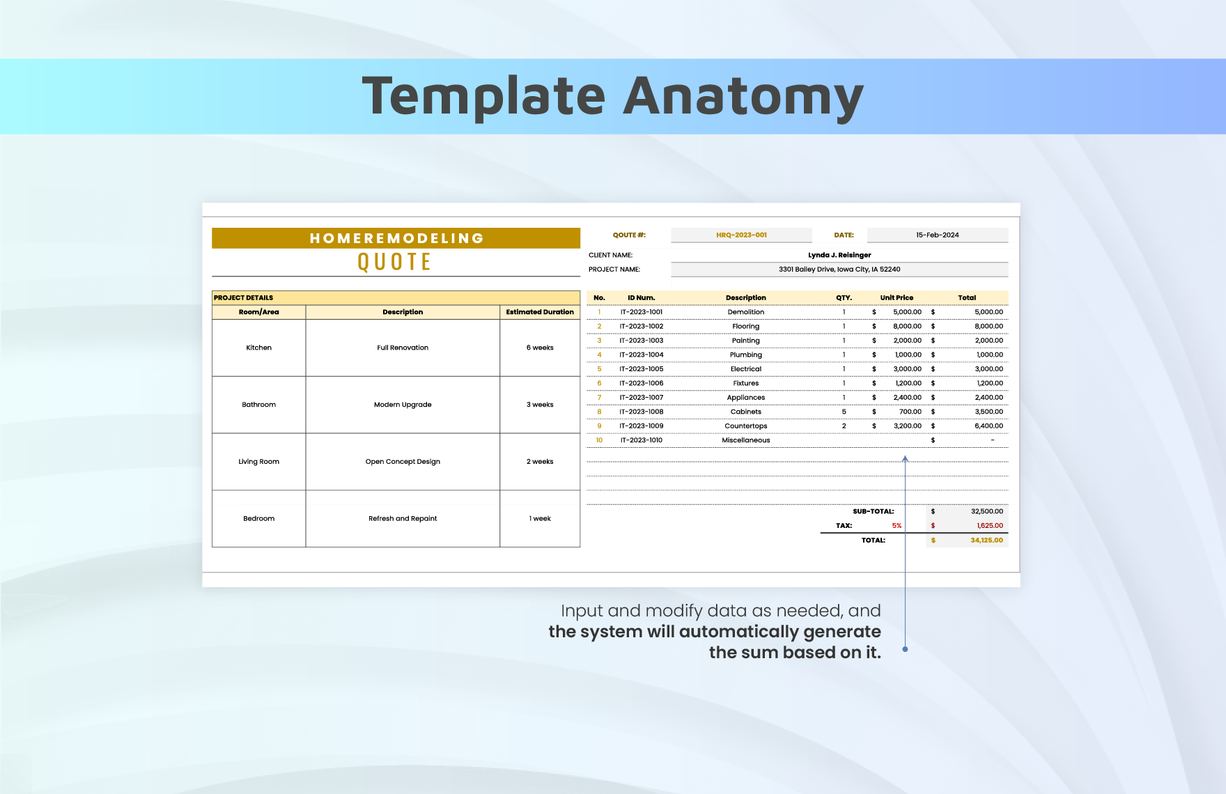 Home Remodeling Quote Template in Excel Google Sheets Download