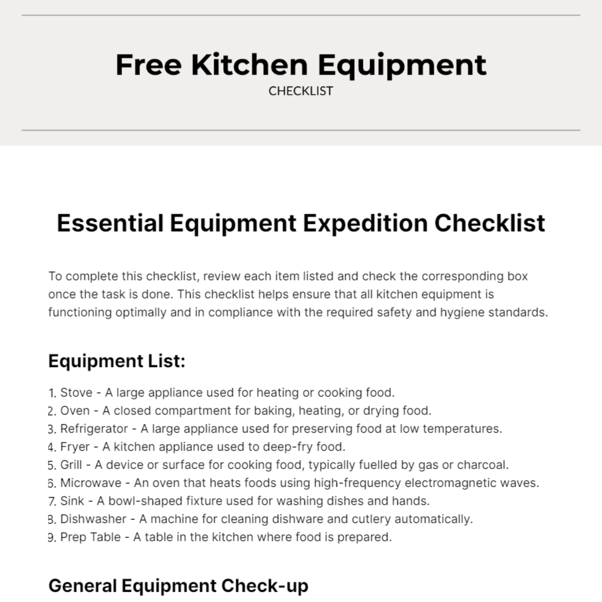 Free Kitchen Equipment Checklist Template