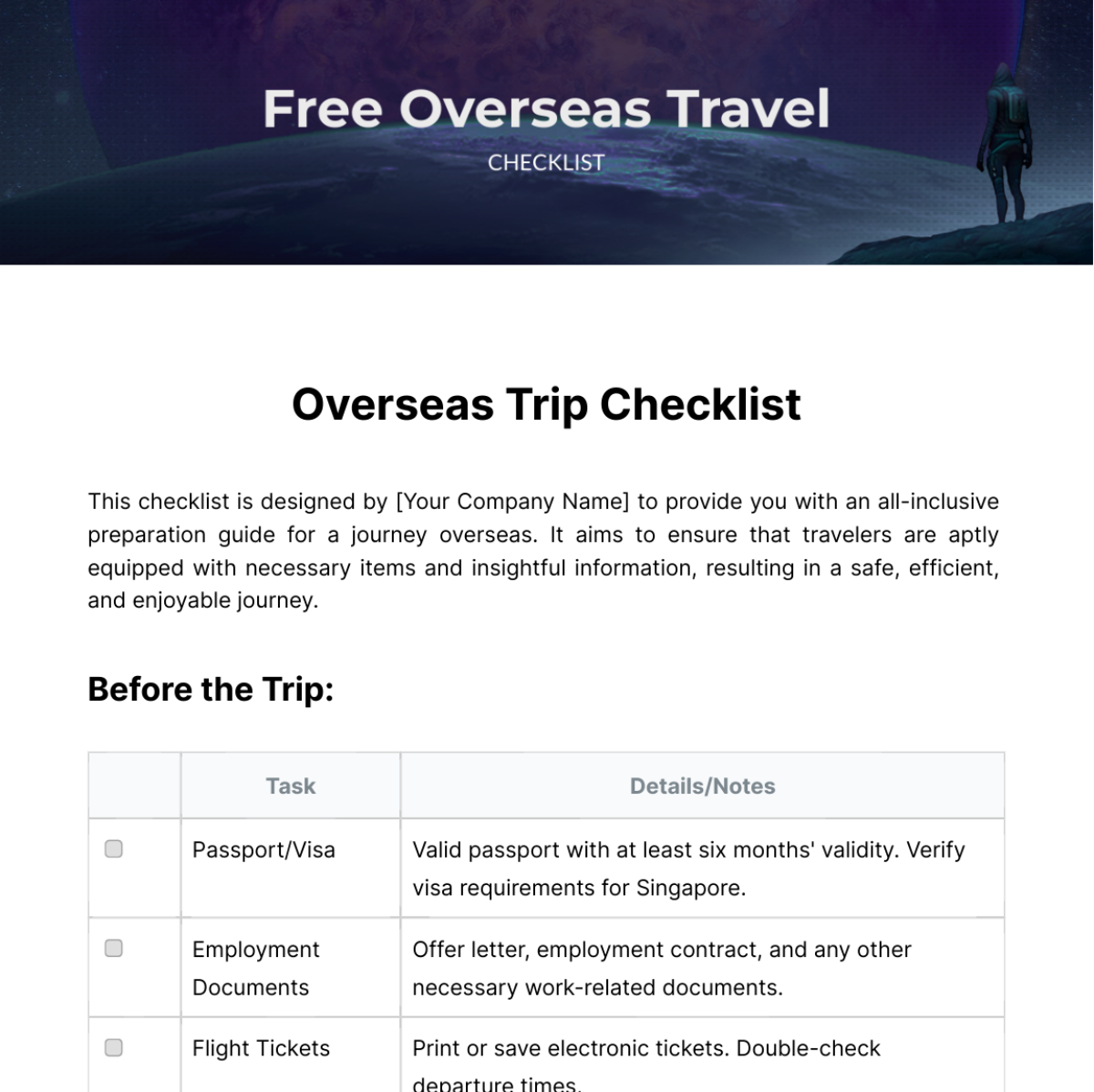 Overseas Travel Checklist Template