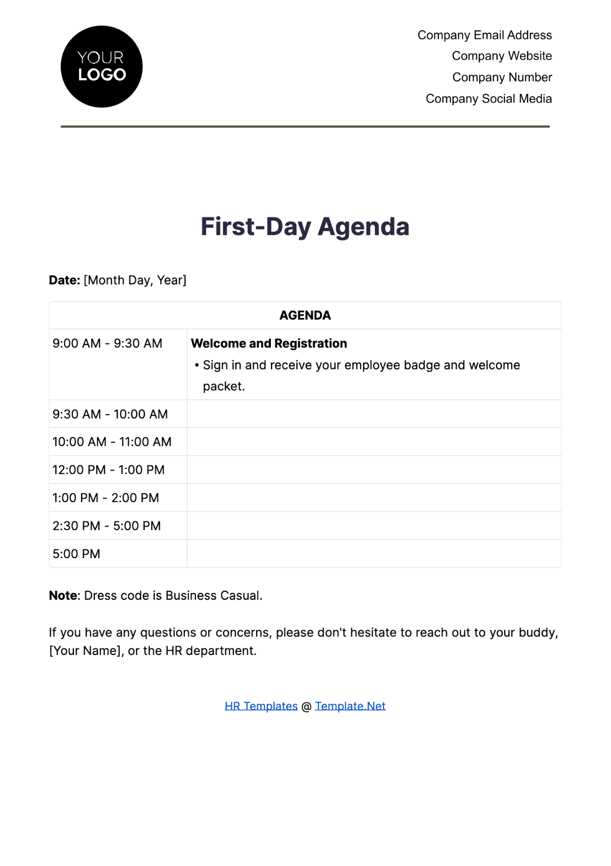 First-Day Agenda HR Template - Edit Online & Download