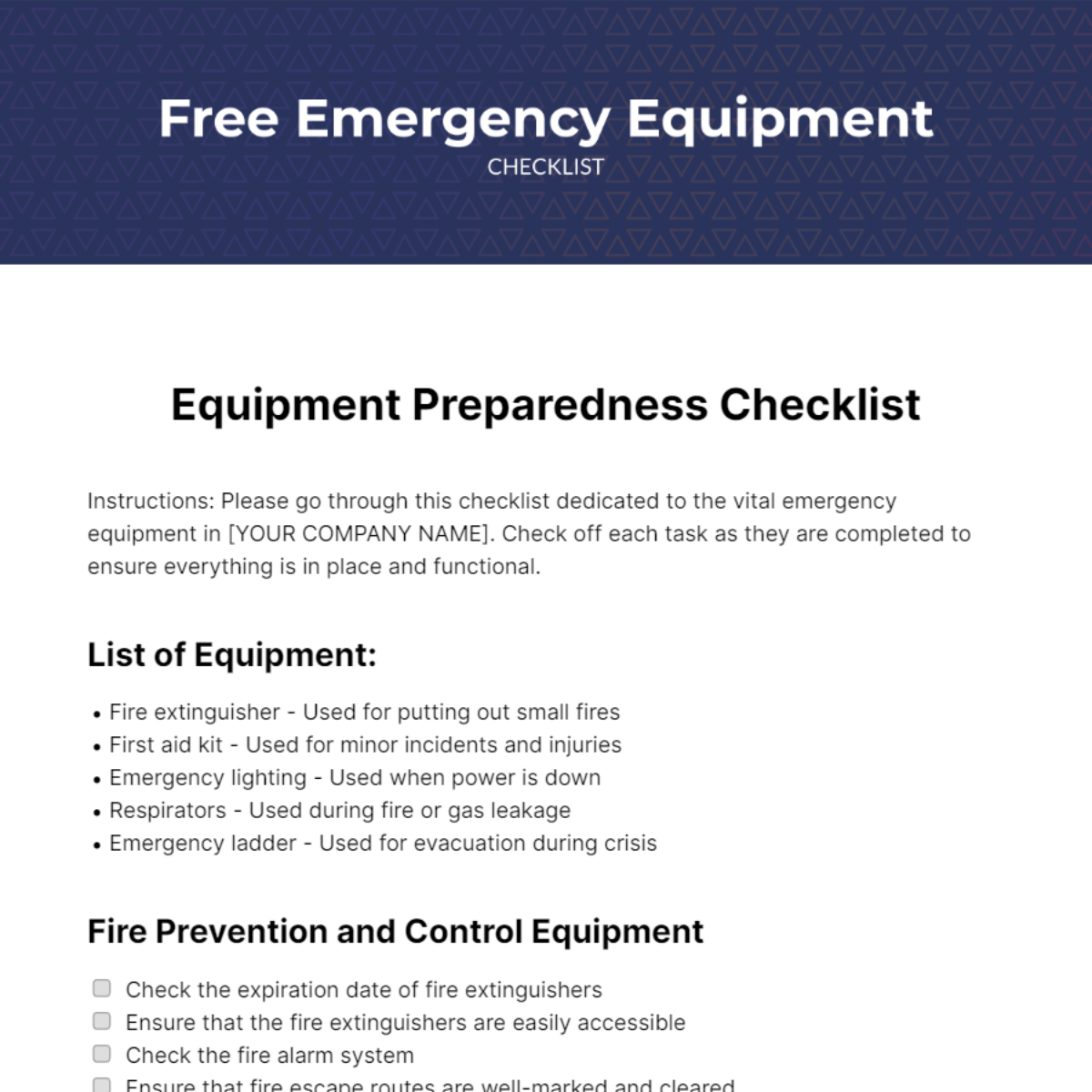 Emergency Equipment Checklist Template