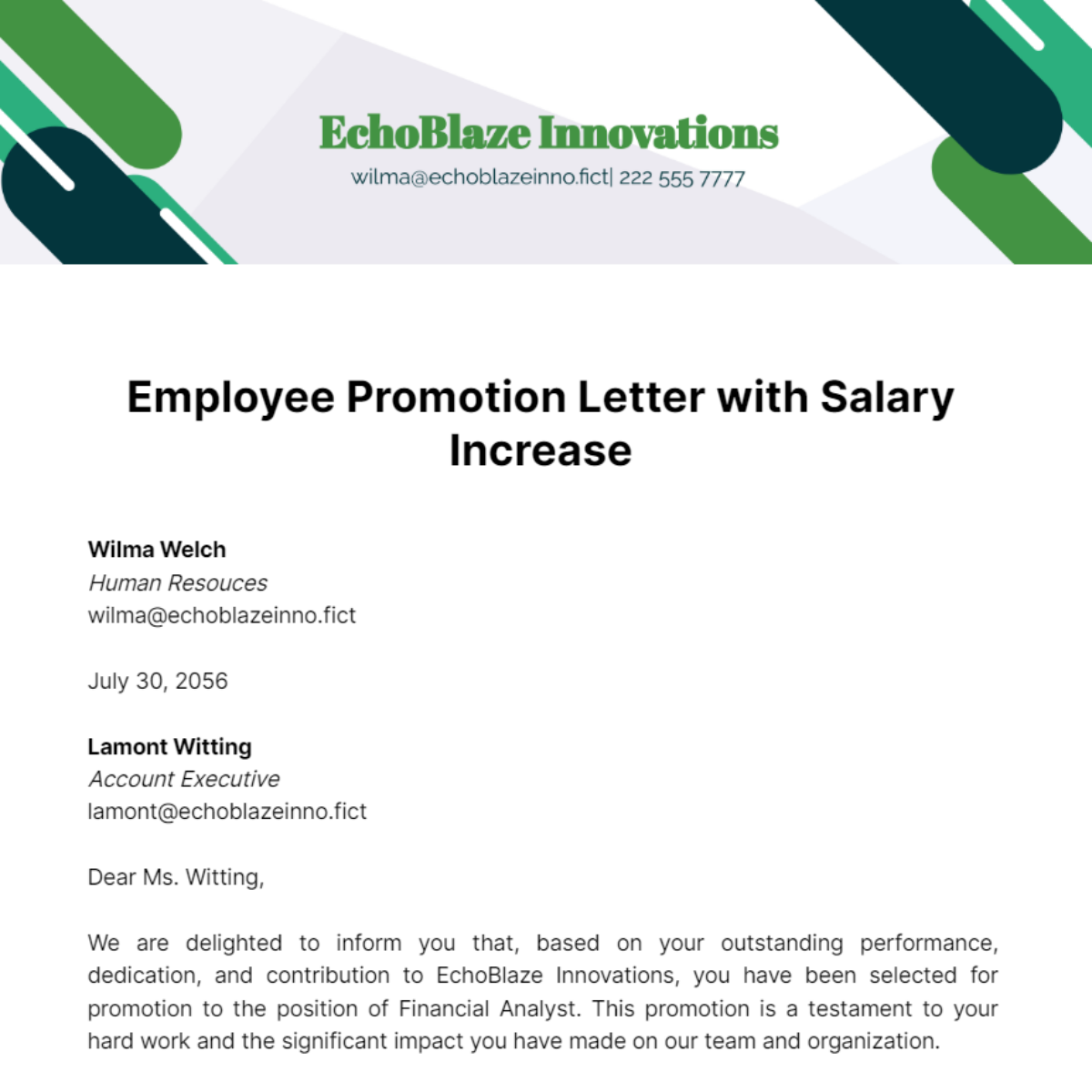 Employee Promotion Letter with Salary Increase Template